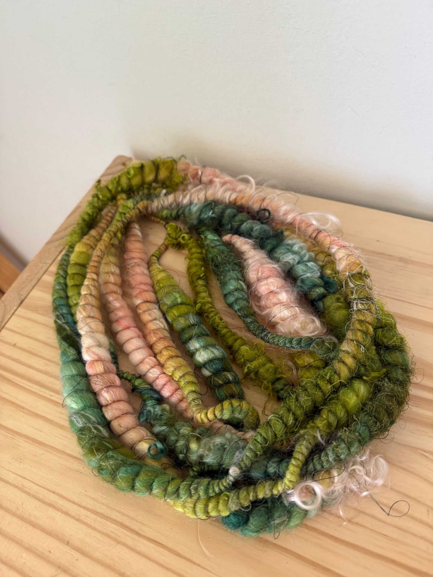 peach chartreuse & forest art yarn