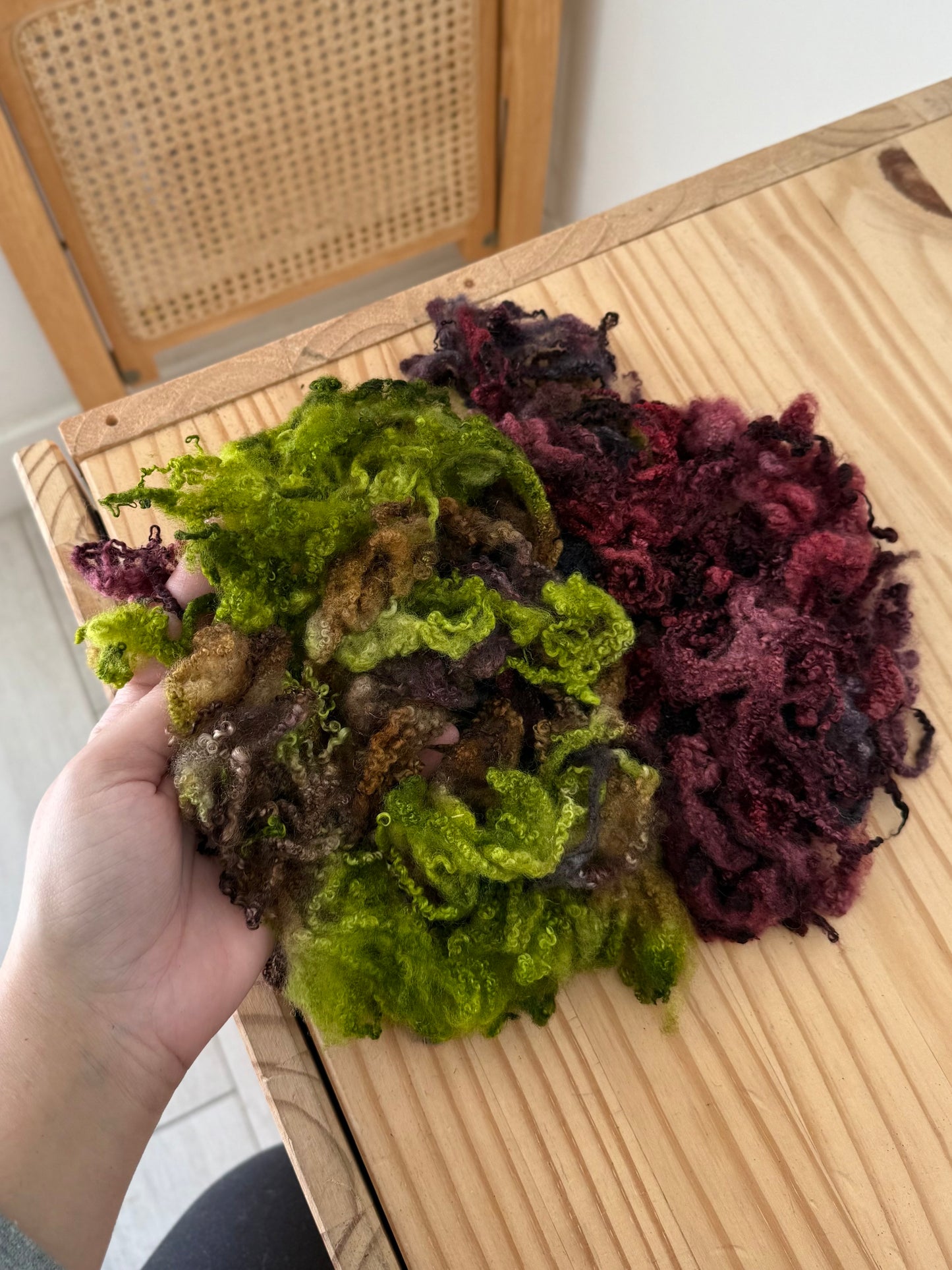 bluefaced leicester locks - burgundy & olive green