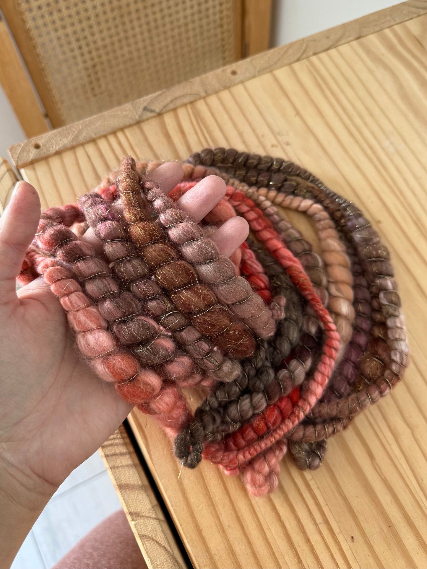 plum magenta & gold spiral art yarn