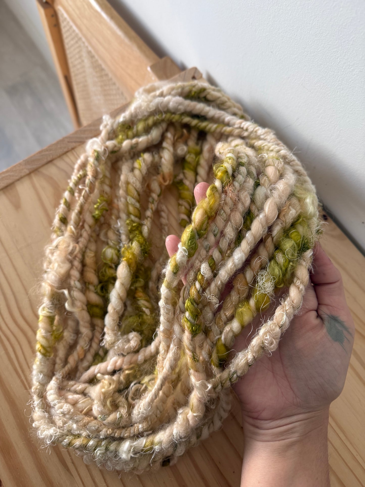 plied pink art yarn with mohair