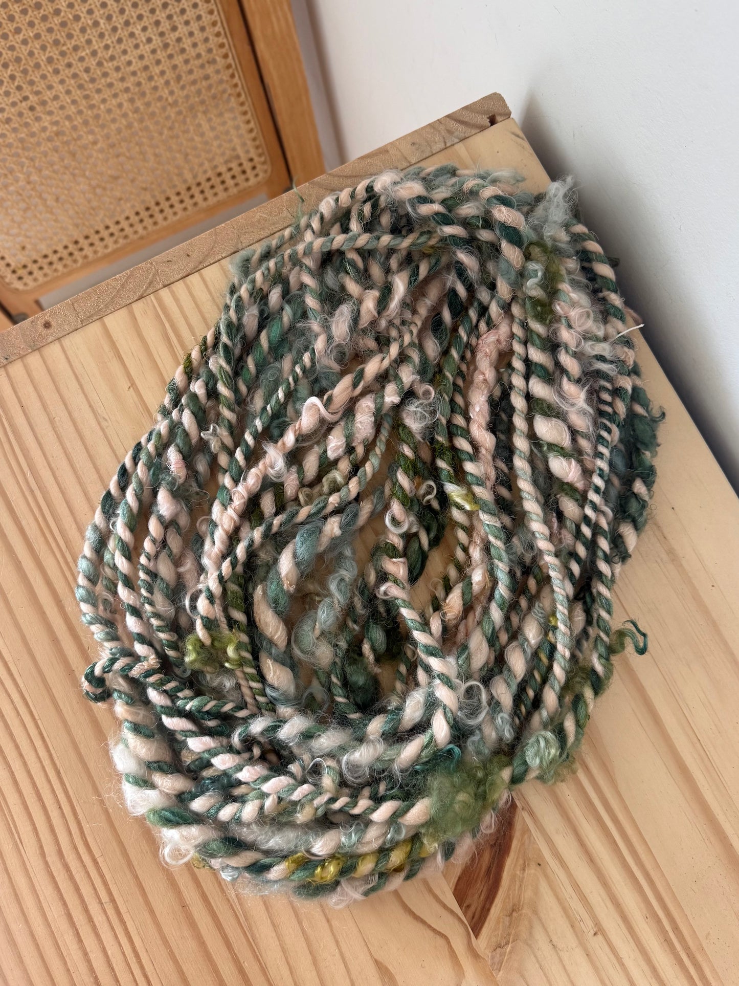plied pink art yarn - peach & teal