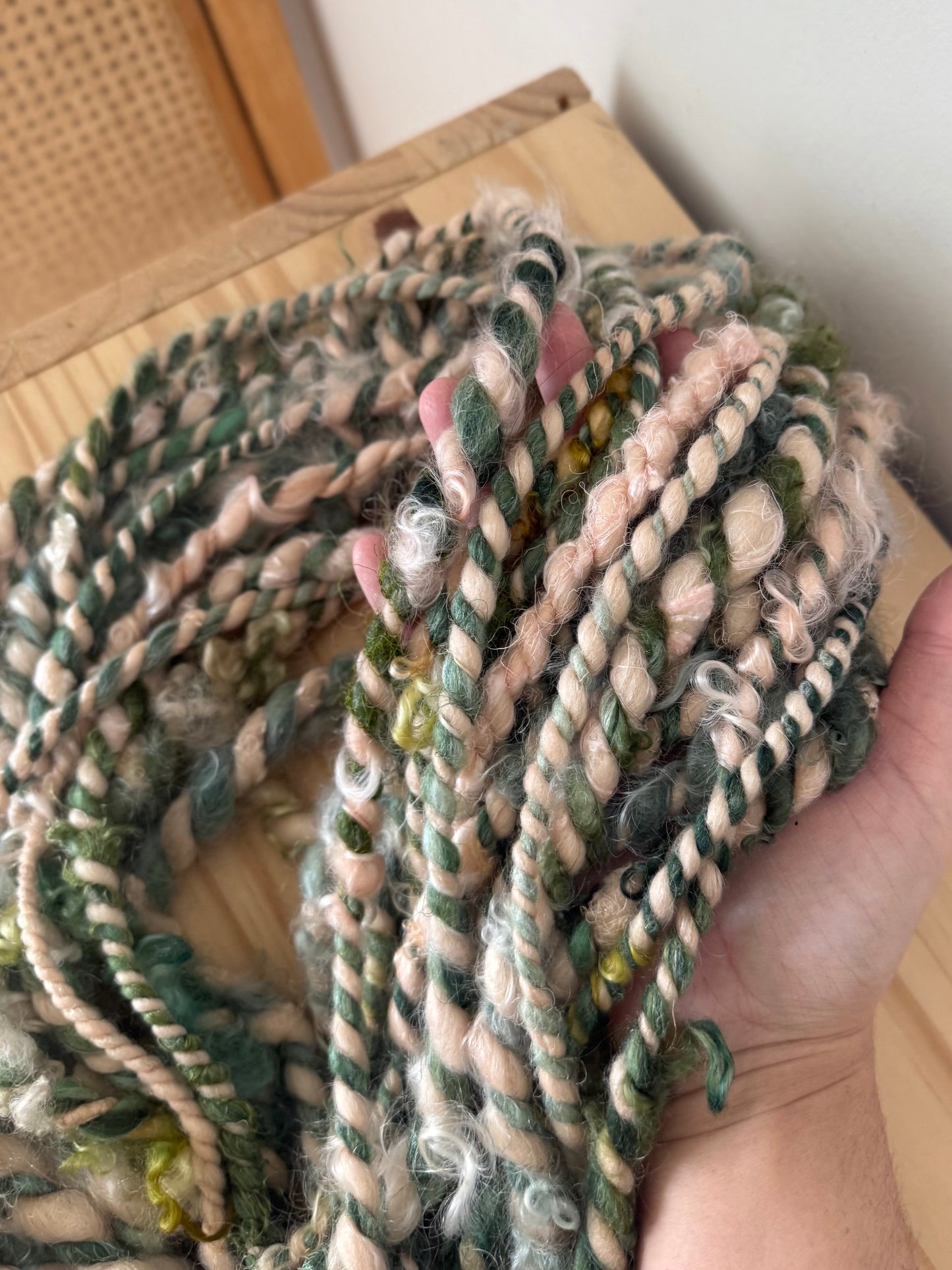 plied pink art yarn - peach & teal