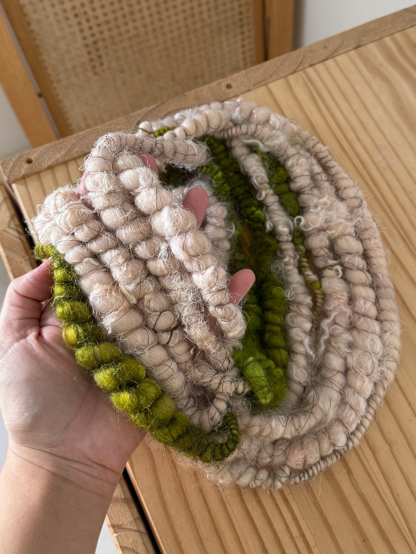 light pink & chartreuse with mohair locks art yarn