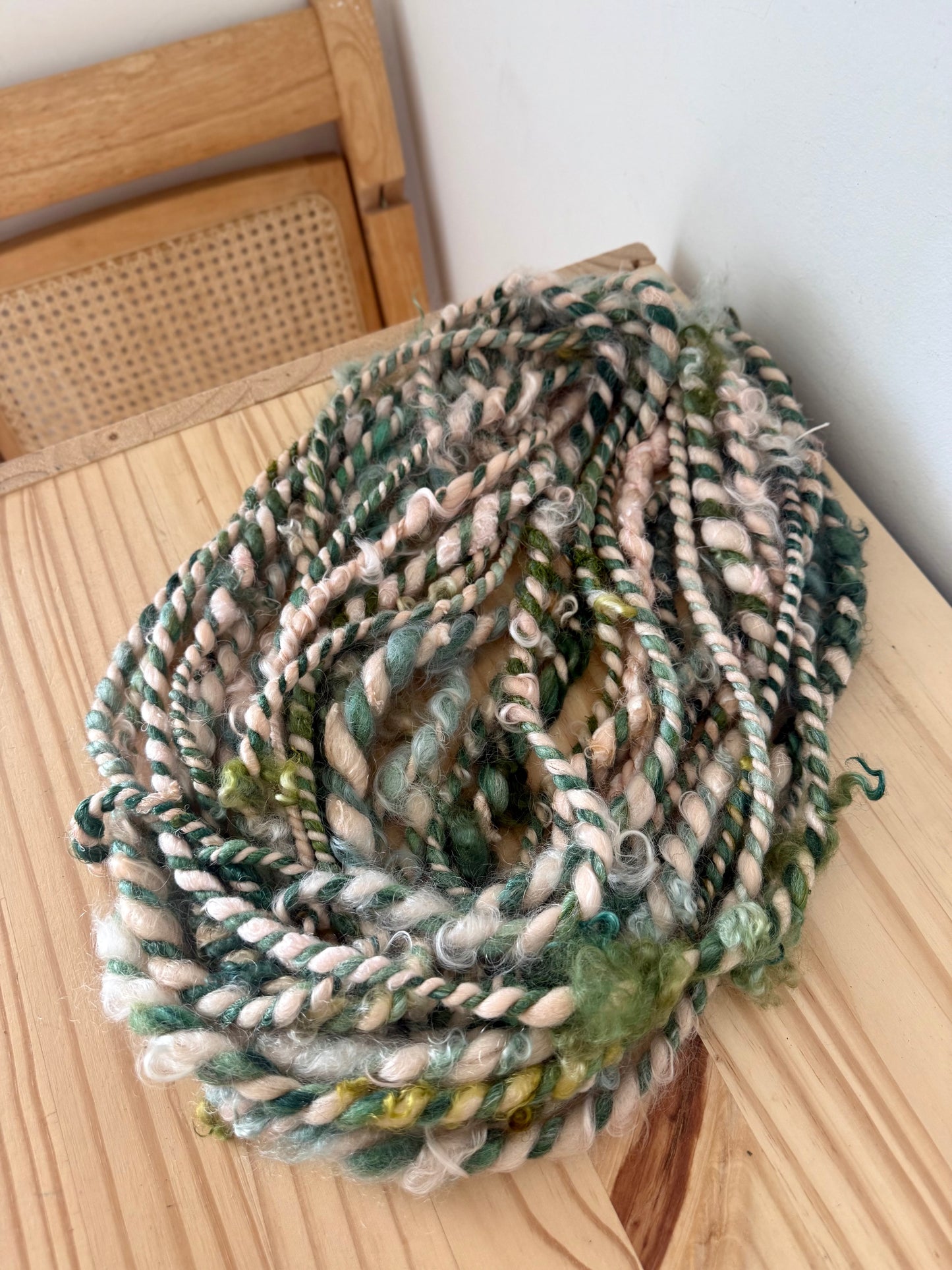 plied pink art yarn - peach & teal