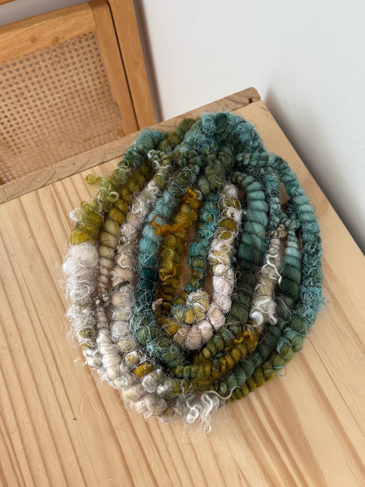 pink mustard & teal art yarn
