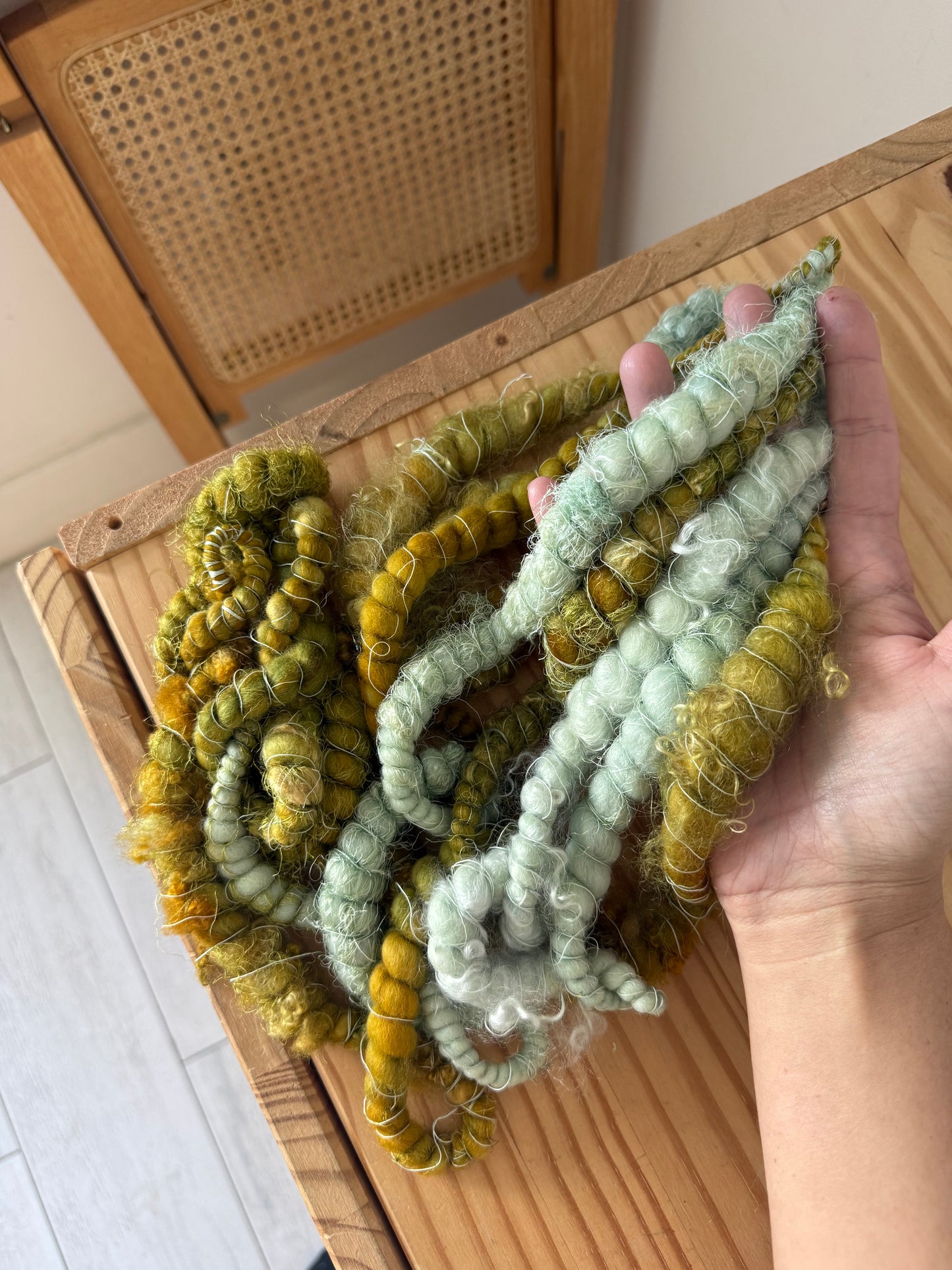 mint & mustard green handspun art yarn