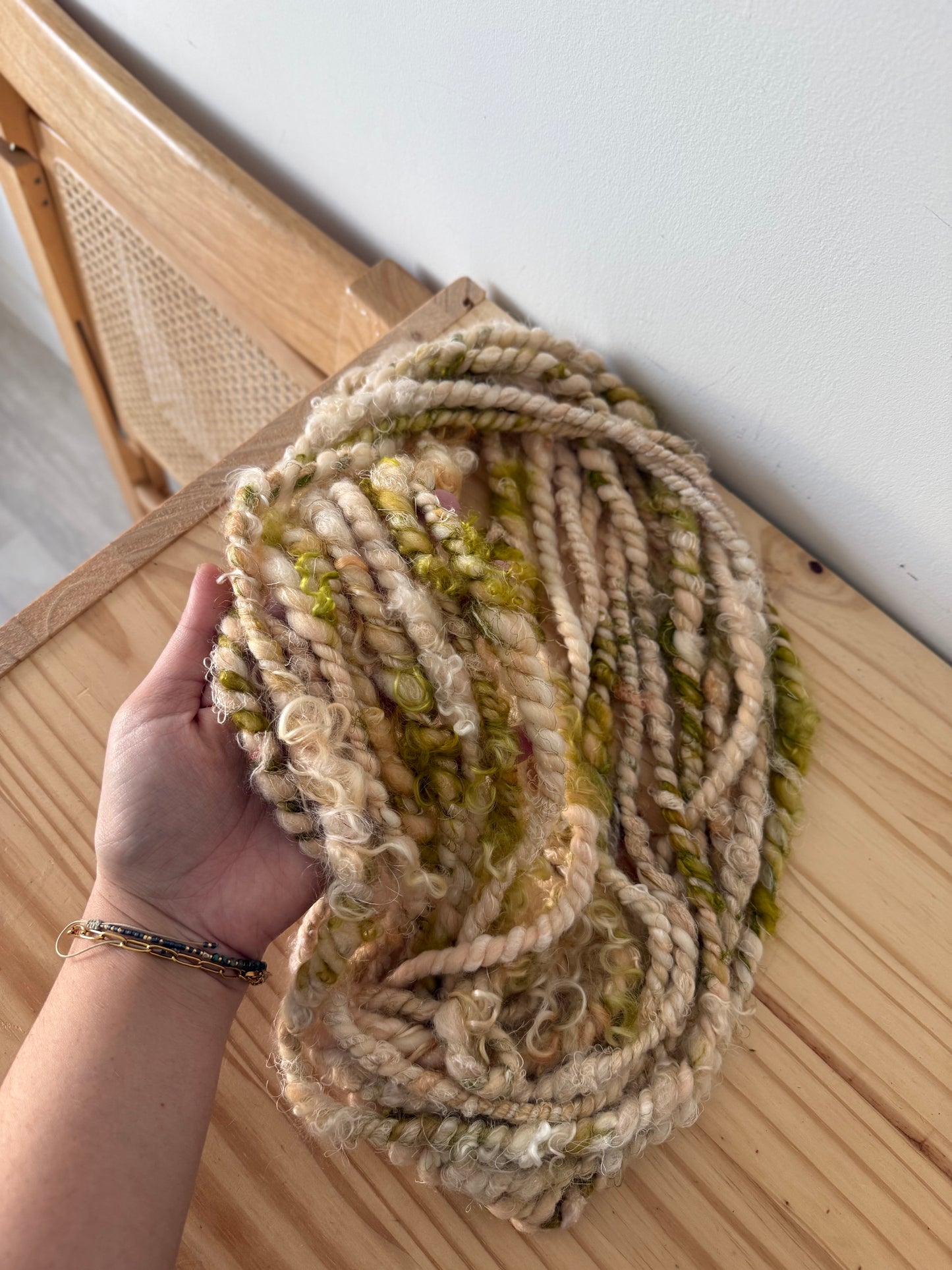 plied pink art yarn with mohair