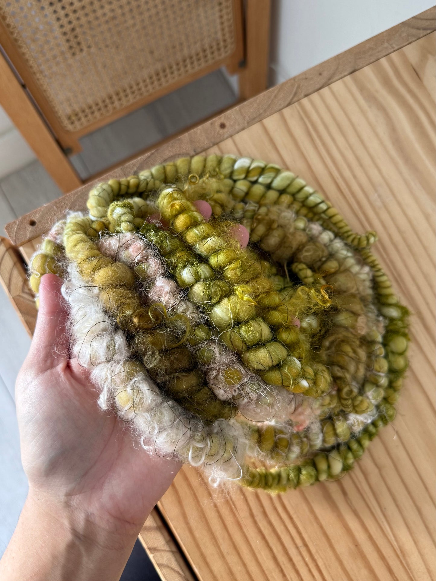 pink & mustard art yarn