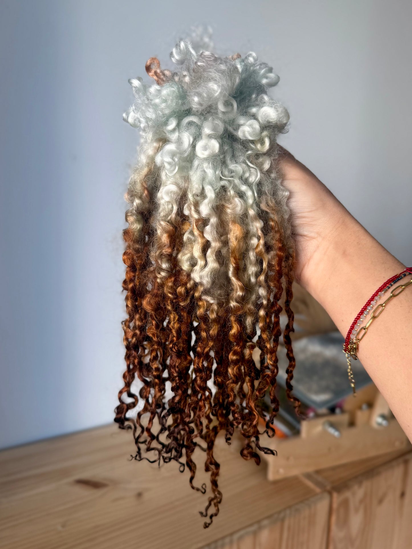 extra long wensleydale locks- rust and sky blue