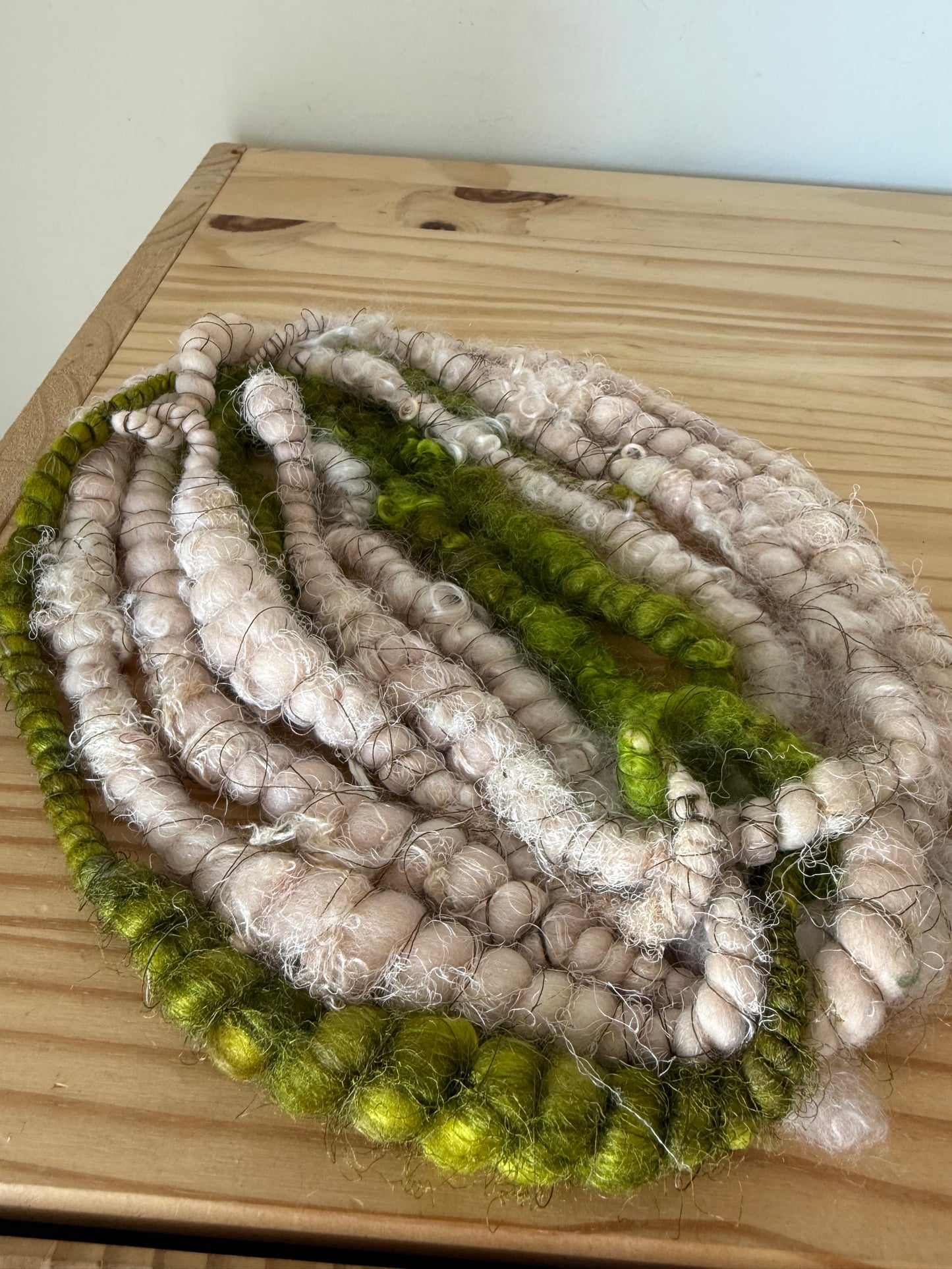 light pink & chartreuse with mohair locks art yarn