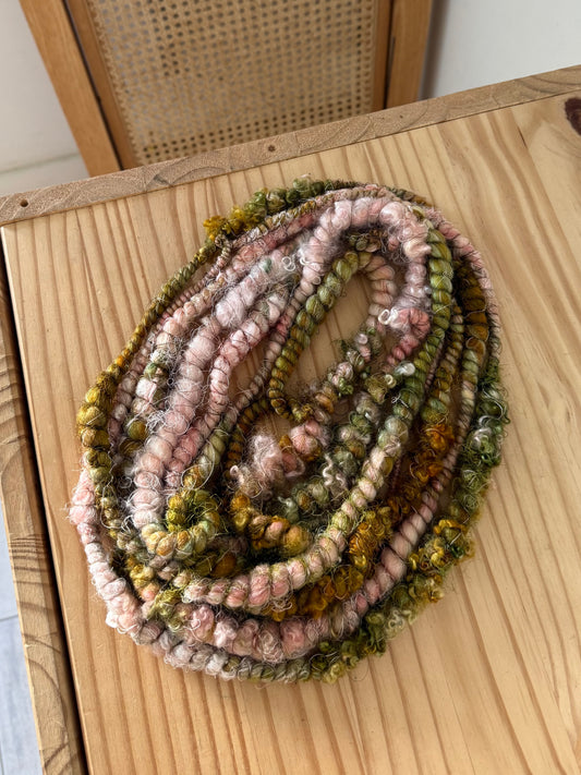 peach pink & golden pear with bfl locks art yarn