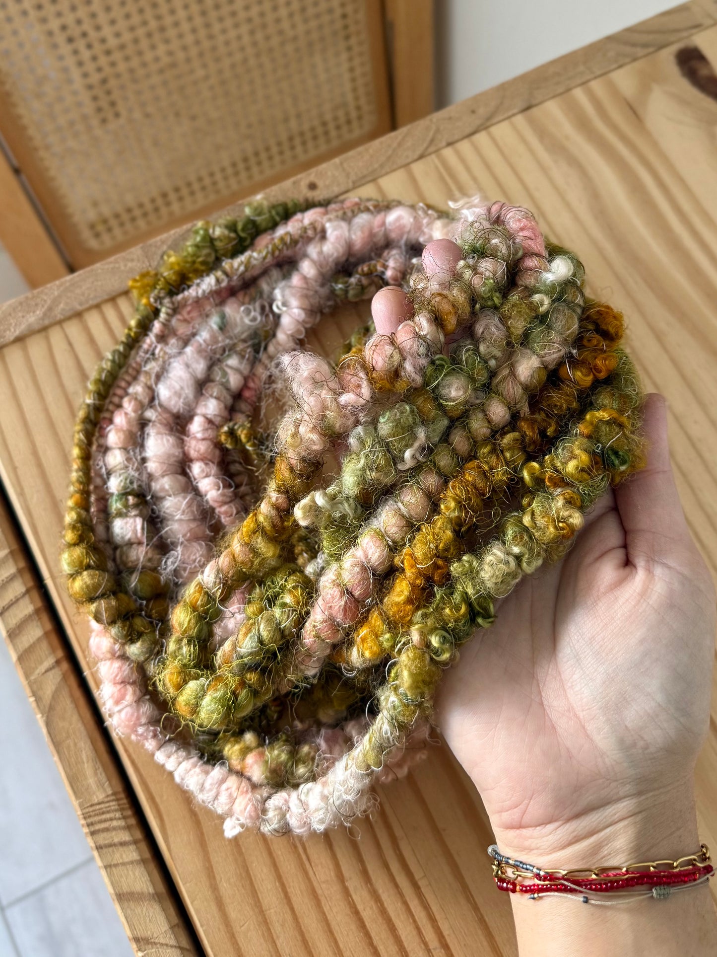 peach pink & golden pear with bfl locks art yarn