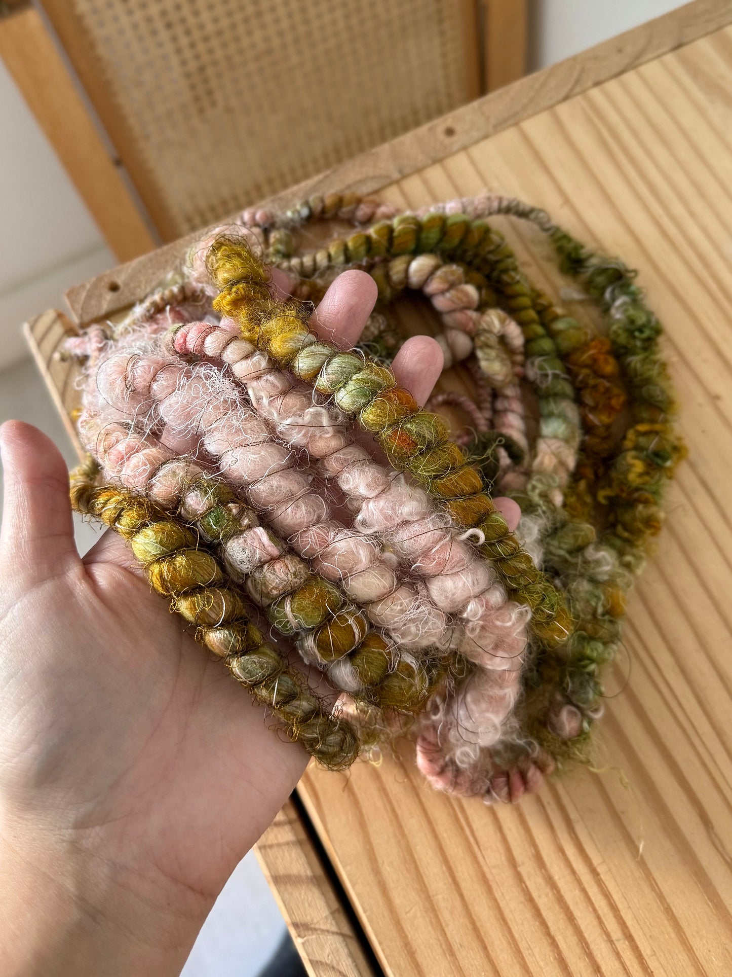 peach pink & golden pear with bfl locks art yarn