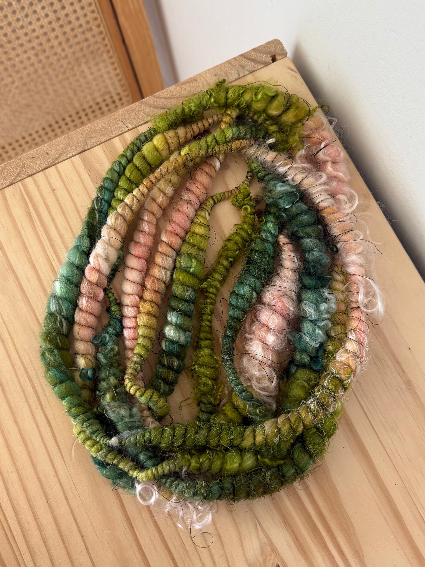 peach chartreuse & forest art yarn