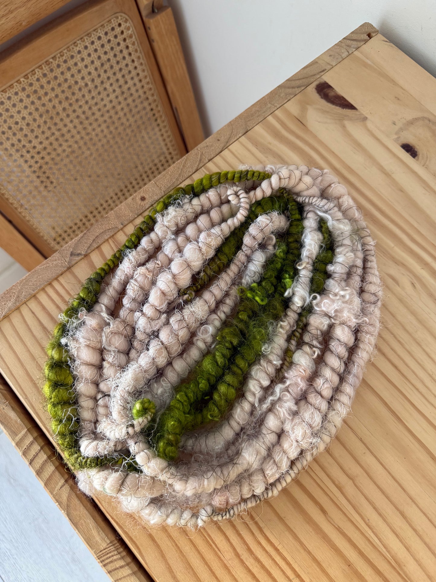 light pink & chartreuse with mohair locks art yarn