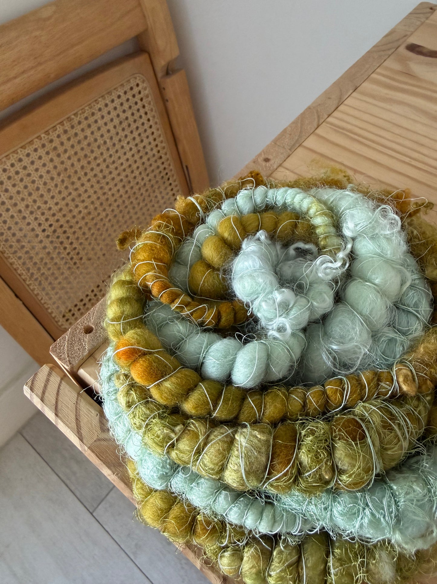 mint & mustard green handspun art yarn
