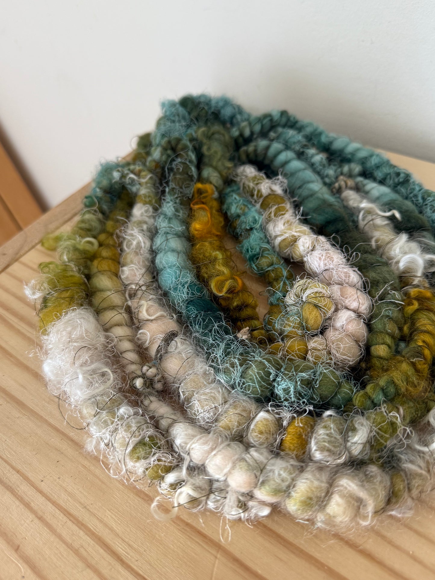 pink mustard & teal art yarn