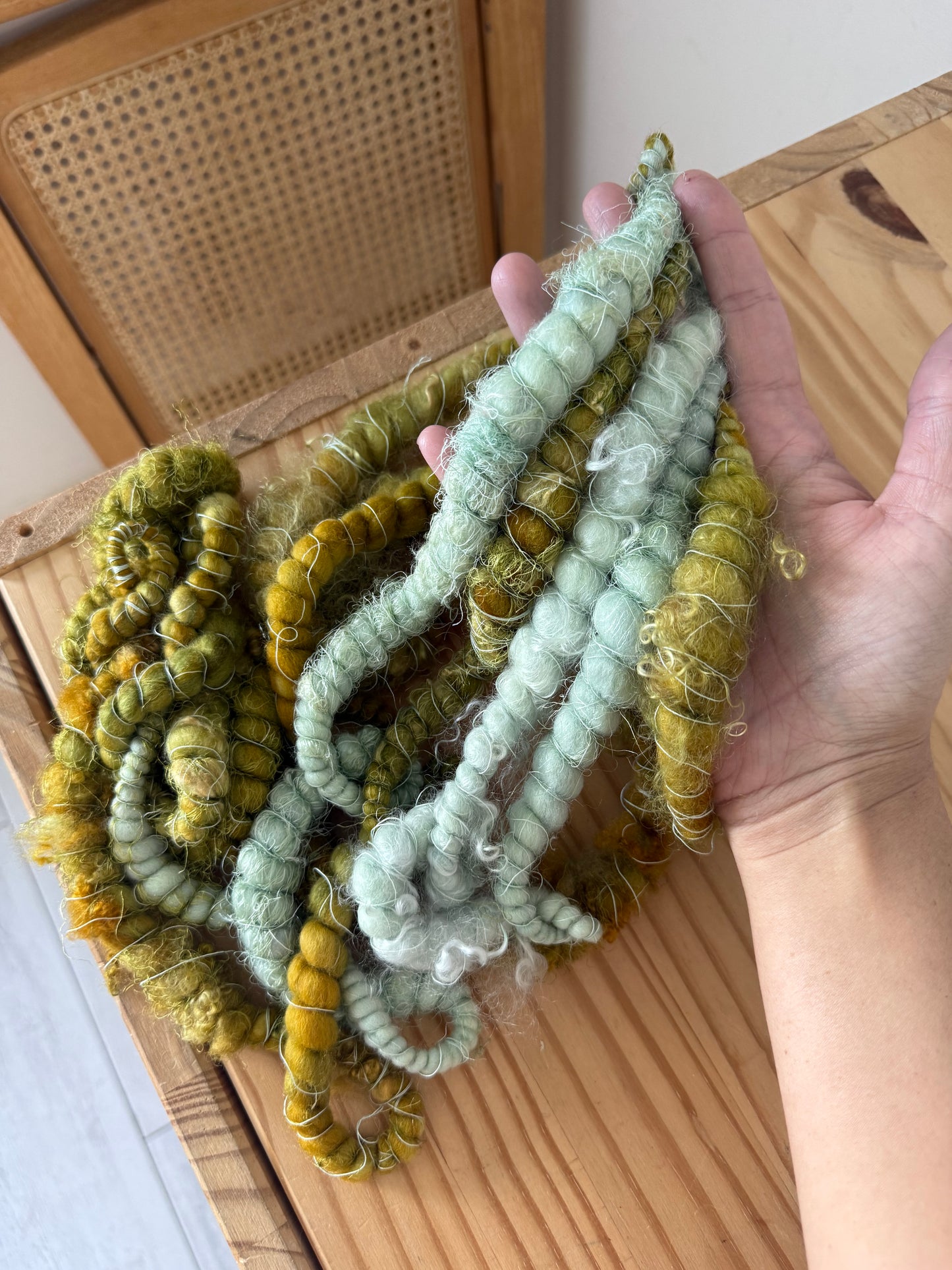 mint & mustard green handspun art yarn