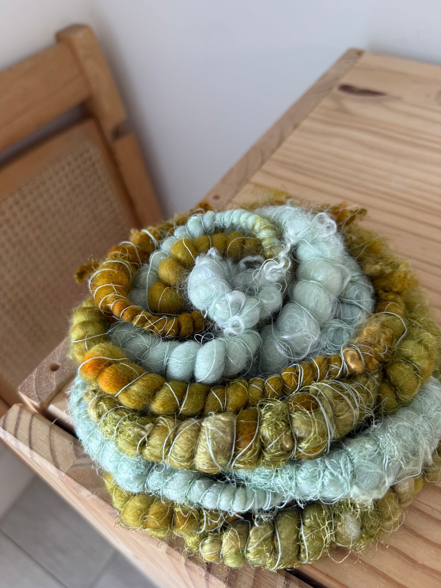 mint & mustard green handspun art yarn