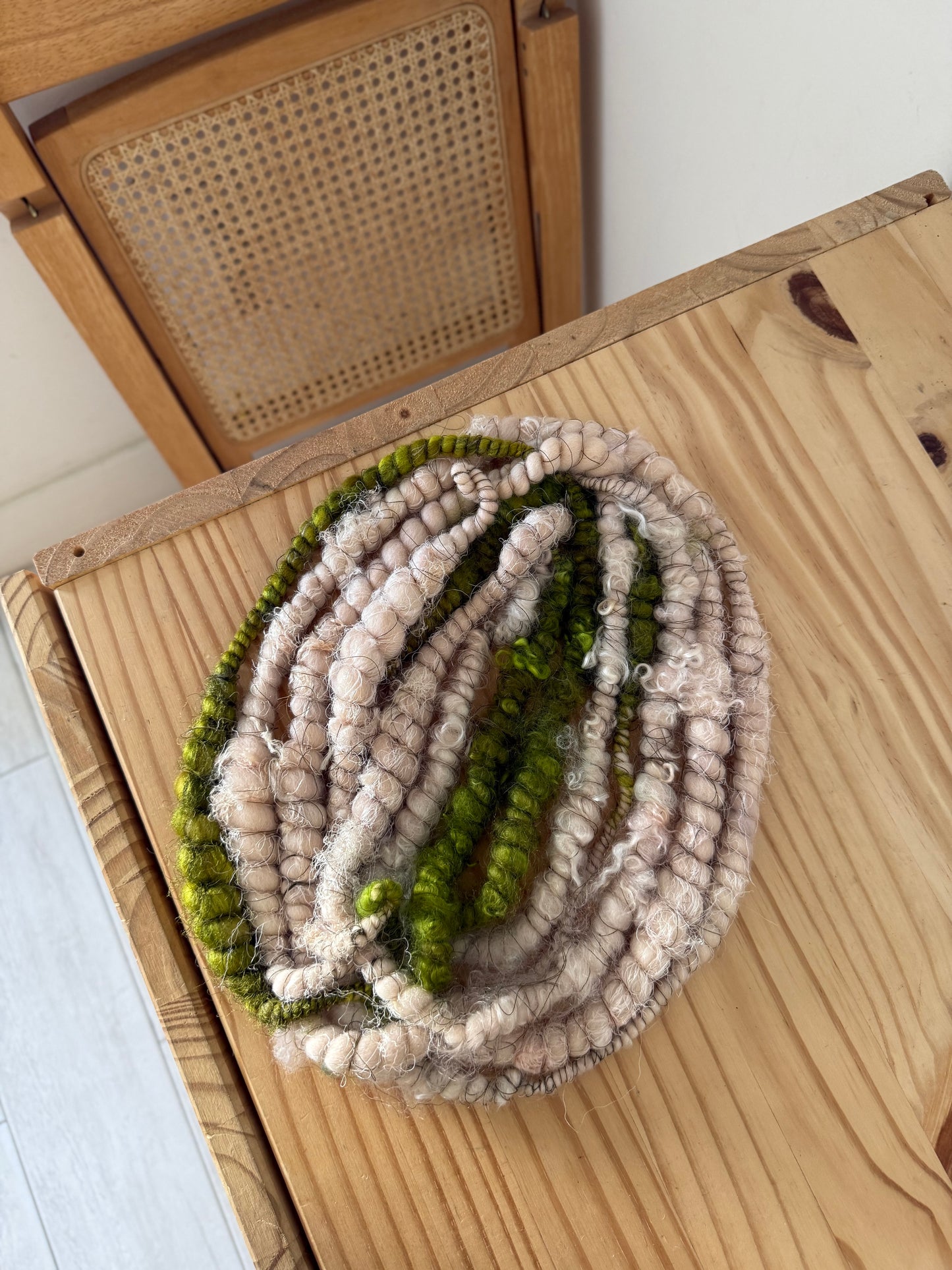 light pink & chartreuse with mohair locks art yarn