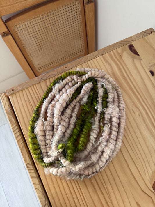 light pink & chartreuse with mohair locks art yarn