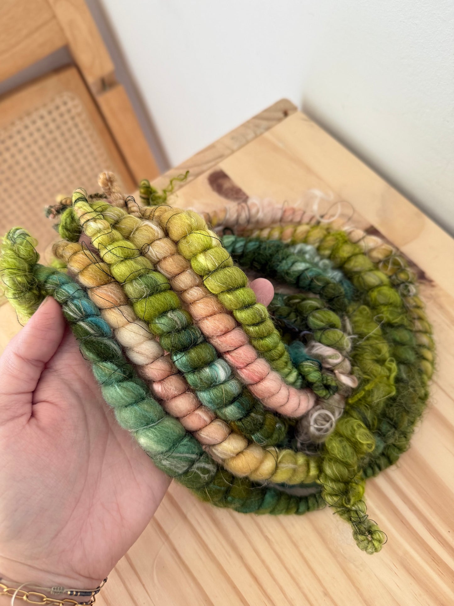 peach chartreuse & forest art yarn