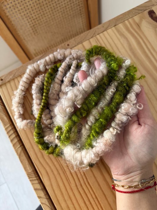 light pink & chartreuse with mohair locks art yarn