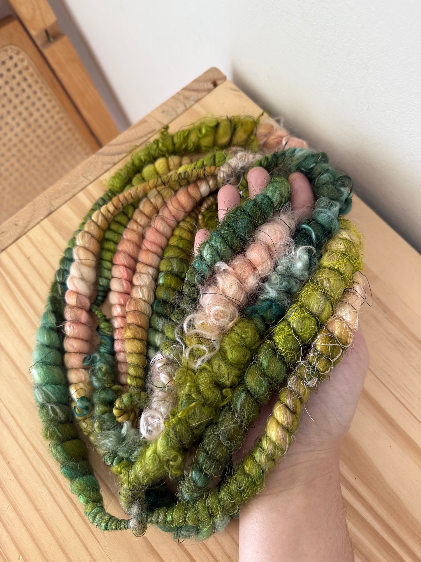 peach chartreuse & forest art yarn