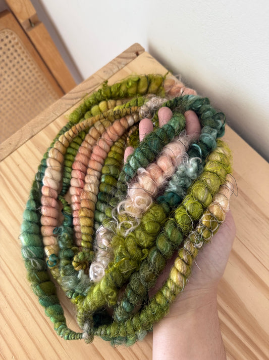 peach chartreuse & forest art yarn