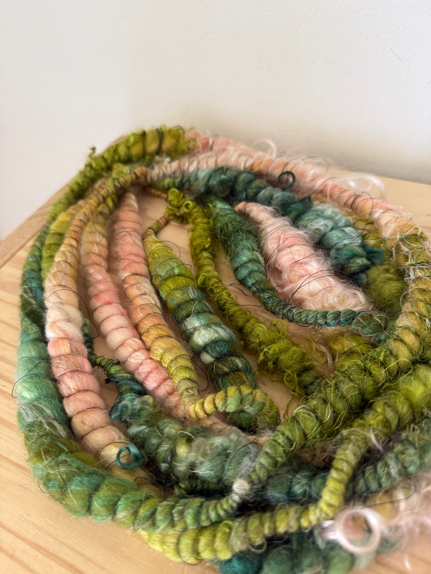 peach chartreuse & forest art yarn