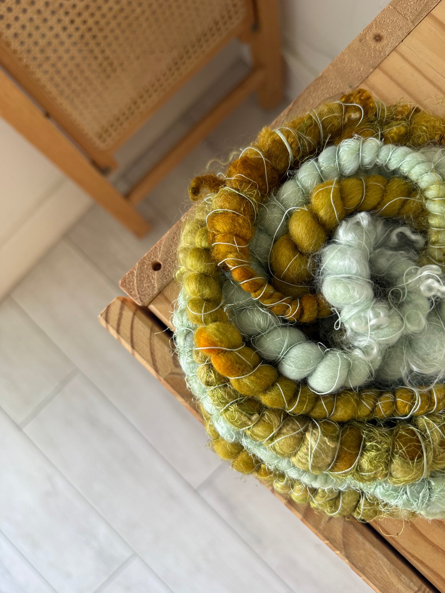 mint & mustard green handspun art yarn