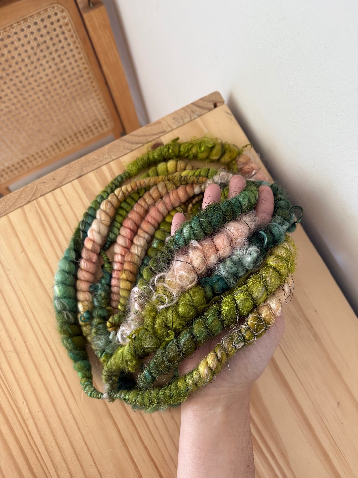 peach chartreuse & forest art yarn
